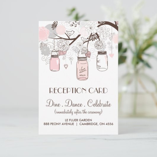 Roze en grijze Floral Mason Jars Reception Kaart (Staand voorkant)