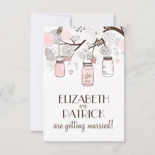Roze en grijze Floral Mason Jars Reception Kaart (Achterkant)