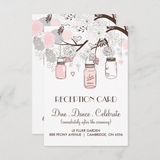 Roze en grijze Floral Mason Jars Reception Kaart (Voorkant / Achterkant)