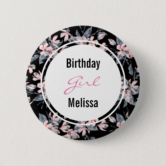 Roze en grijze Floral Pattern Birthday Girl Ronde Button 5,7 Cm (Voorkant)