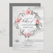 Roze en grijze Floral QR-code RSVP Bohemen bruilof Kaart (Voorkant / Achterkant)