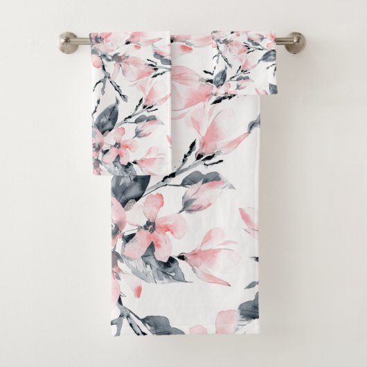 Roze en grijze Floral Waterverf Patroon Bad Handdoek (Insitu)