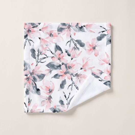 Roze en grijze Floral Waterverf Patroon Bad Handdoek (Wasdoekje)