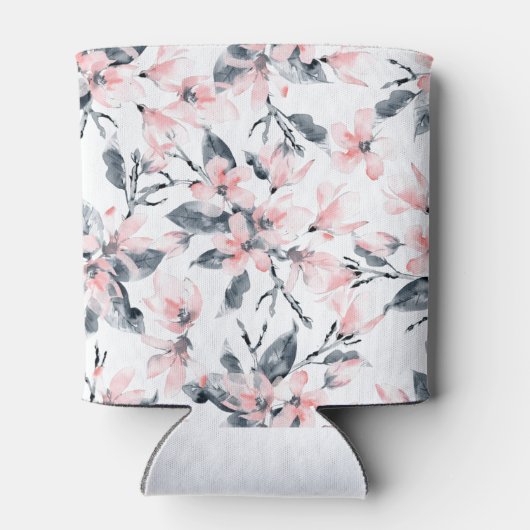 Roze en grijze Floral Waterverf Patroon Blikjeskoeler (Achterkant)