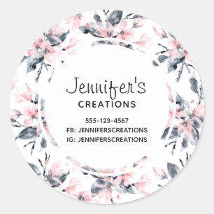 Roze en grijze Floral Waterverf Patroon Business Ronde Sticker