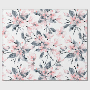 Roze en grijze Floral Waterverf Patroon Cadeaupapier