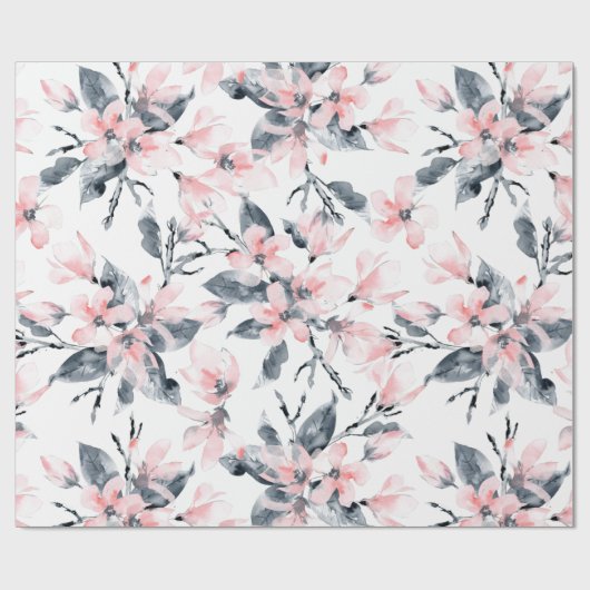 Roze en grijze Floral Waterverf Patroon Cadeaupapier (Vlak)
