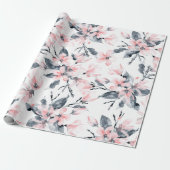 Roze en grijze Floral Waterverf Patroon Cadeaupapier (Uitgerold)