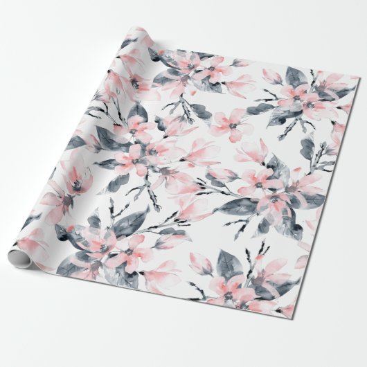 Roze en grijze Floral Waterverf Patroon Cadeaupapier (Uitgerold)