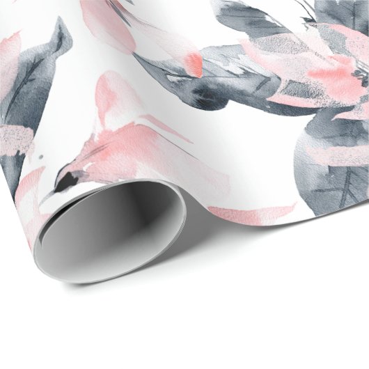 Roze en grijze Floral Waterverf Patroon Cadeaupapier (Rol Hoek)