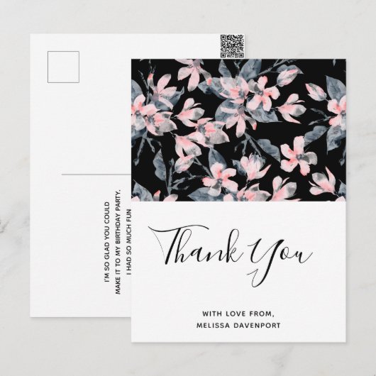 Roze en grijze Floral Waterverf Patroon Dank u Briefkaart (Voorkant / Achterkant)