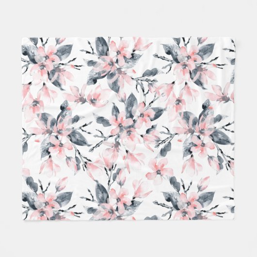 Roze en grijze Floral Waterverf Patroon Fleece Deken (Voorkant (Horizontaal))