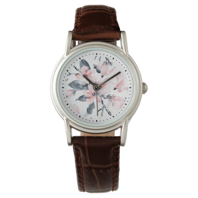 Roze en grijze Floral Waterverf Patroon Horloge (Voorkant)