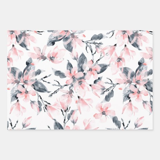 Roze en grijze Floral Waterverf Patroon Inpakpapier Vel (Voorkant)