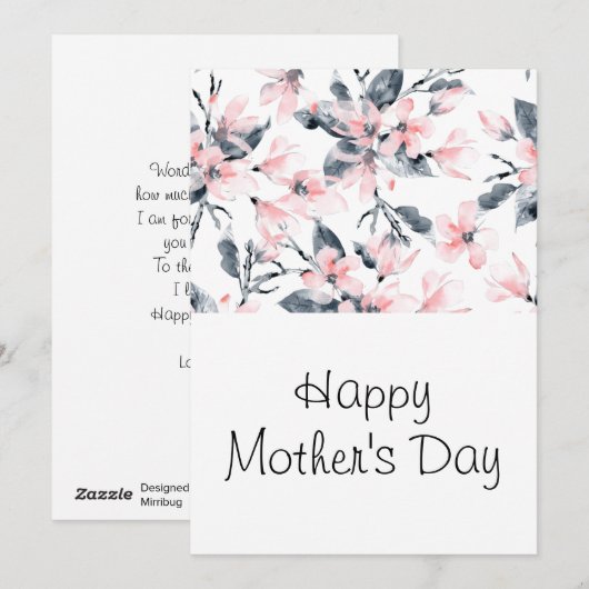Roze en grijze Floral Waterverf Patroon Moederdag Feestdagenkaart (Voorkant / Achterkant)