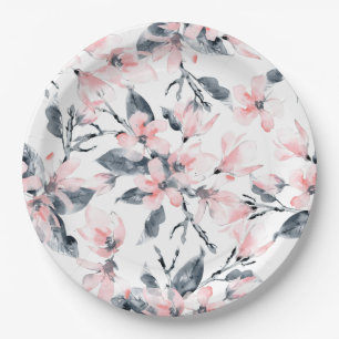Roze en grijze Floral Waterverf Patroon Papieren Bordje