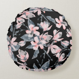 Roze en grijze Floral Waterverf Patroon Rond Kussen