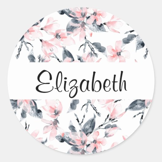 Roze en grijze Floral Waterverf Patroon Ronde Sticker (Voorkant)