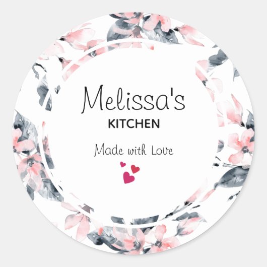 Roze en grijze Floral Waterverf Pattern Kitchen Ronde Sticker (Voorkant)