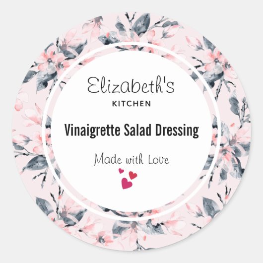 Roze en grijze Floral Waterverf Pattern Kitchen Ronde Sticker (Voorkant)