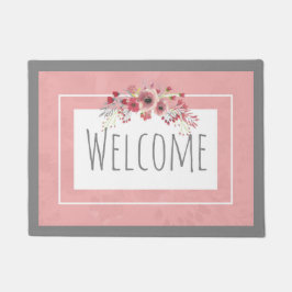 Roze en grijze Floral Welkom Deurmat