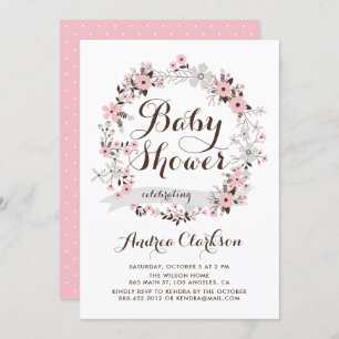  Roze en grijze Floral Wreated Baby shower Kaart