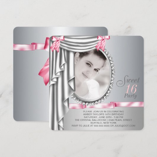 Roze en Grijze Foto Sweet 16 Verjaardagsfeest Kaart (Voorkant / Achterkant)