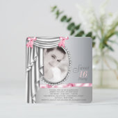Roze en Grijze Foto Sweet 16 Verjaardagsfeest Kaart (Staand voorkant)