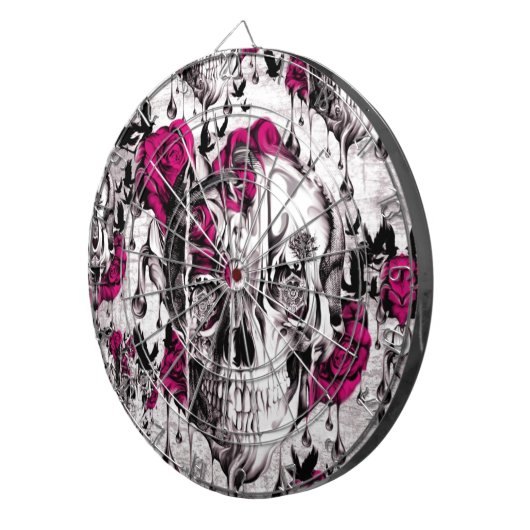 Roze en grijze gemalen schedel dartbord (Voorkant Rechts)