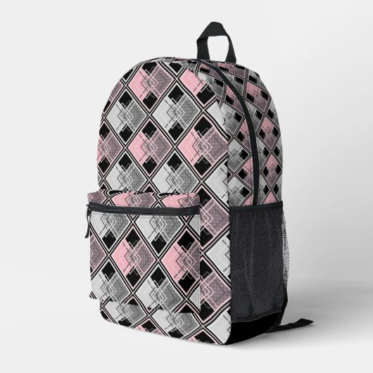 Roze en grijze geometrische patchwork #patchwork bedrukte rugzak (Achterkant Hoek Rechts)