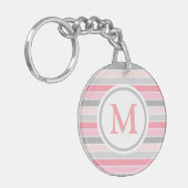 Roze en grijze gestreepte monogram sleutelhanger (Voorkant Links)