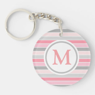 Roze en grijze gestreepte monogram sleutelhanger