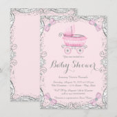 Roze en Grijze Glitter Pram Baby shower Kaart (Voorkant / Achterkant)