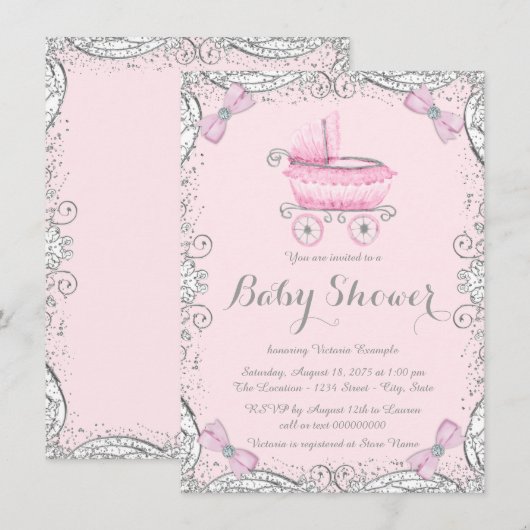 Roze en Grijze Glitter Pram Baby shower Kaart (Voorkant / Achterkant)