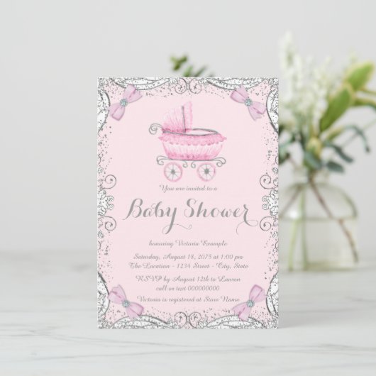 Roze en Grijze Glitter Pram Baby shower Kaart (Staand voorkant)