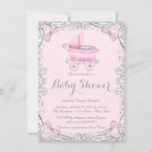 Roze en Grijze Glitter Pram Baby shower Kaart (Voorkant)