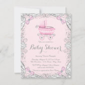 Roze en Grijze Glitter Pram Baby shower Kaart (Voorkant)