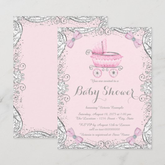 Roze en Grijze Glitter Pram Baby shower Kaart (Voorkant / Achterkant)