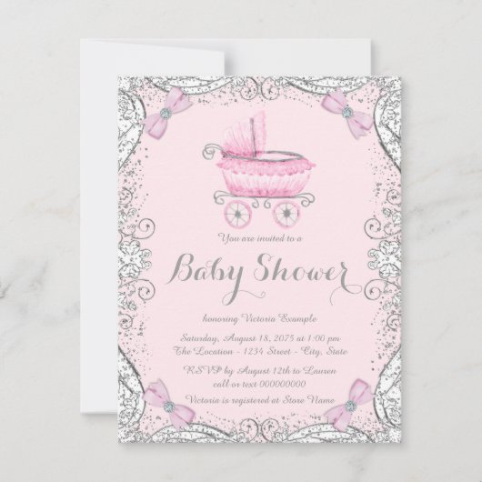 Roze en grijze glitters kraamfeest kaart (Voorkant)