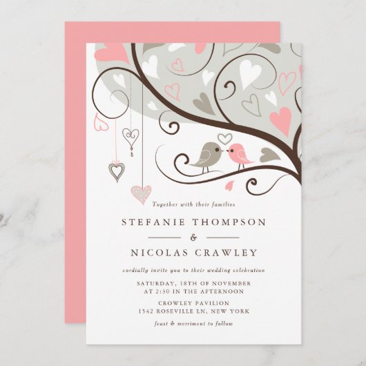 Roze en grijze grillige lovebirds bruiloft kaart (Voorkant / Achterkant)