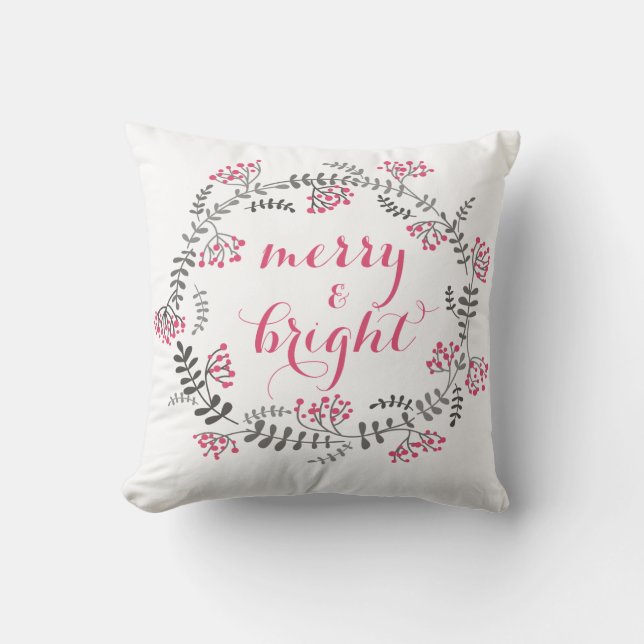 Roze en grijze Holly Wreath Holiday Pillow Kussen (Voorkant)