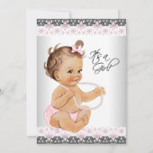 Roze en Grijze Lace Parels Baby Meisje Douche Kaart (Voorkant)