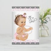 Roze en Grijze Lace Parels Baby Meisje Douche Kaart (Staand voorkant)