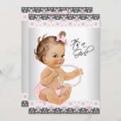 Roze en Grijze Lace Parels Baby Meisje Douche Kaart (Voorkant / Achterkant)