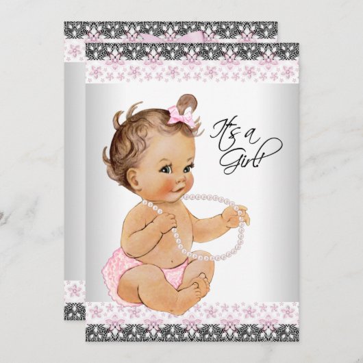 Roze en Grijze Lace Parels Baby Meisje Douche Kaart (Voorkant / Achterkant)