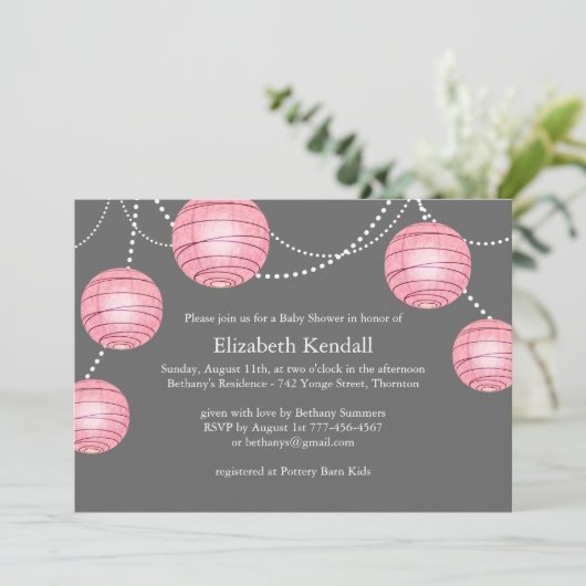 Roze en grijze Lantern Baby shower Uitnodiging (Staand voorkant)