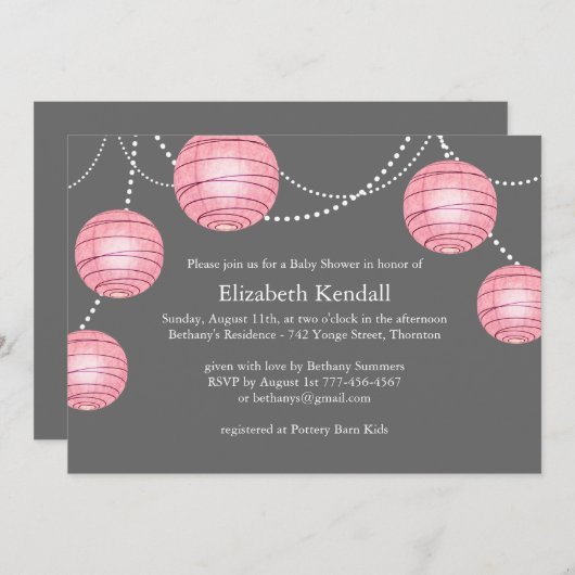 Roze en grijze Lantern Baby shower Uitnodiging (Voorkant / Achterkant)