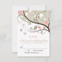 Roze en grijze liefdesvogel RSVP-huwelijkskaart ui