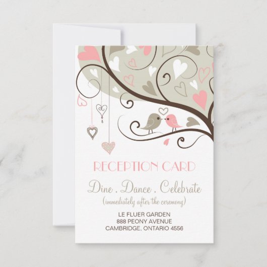 Roze en grijze liefdesvogels bruiloftsontvangstkaa kaart (Voorkant)