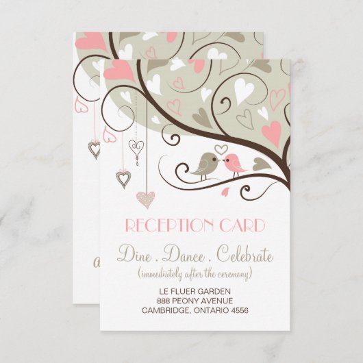 Roze en grijze liefdesvogels bruiloftsontvangstkaa kaart (Voorkant / Achterkant)